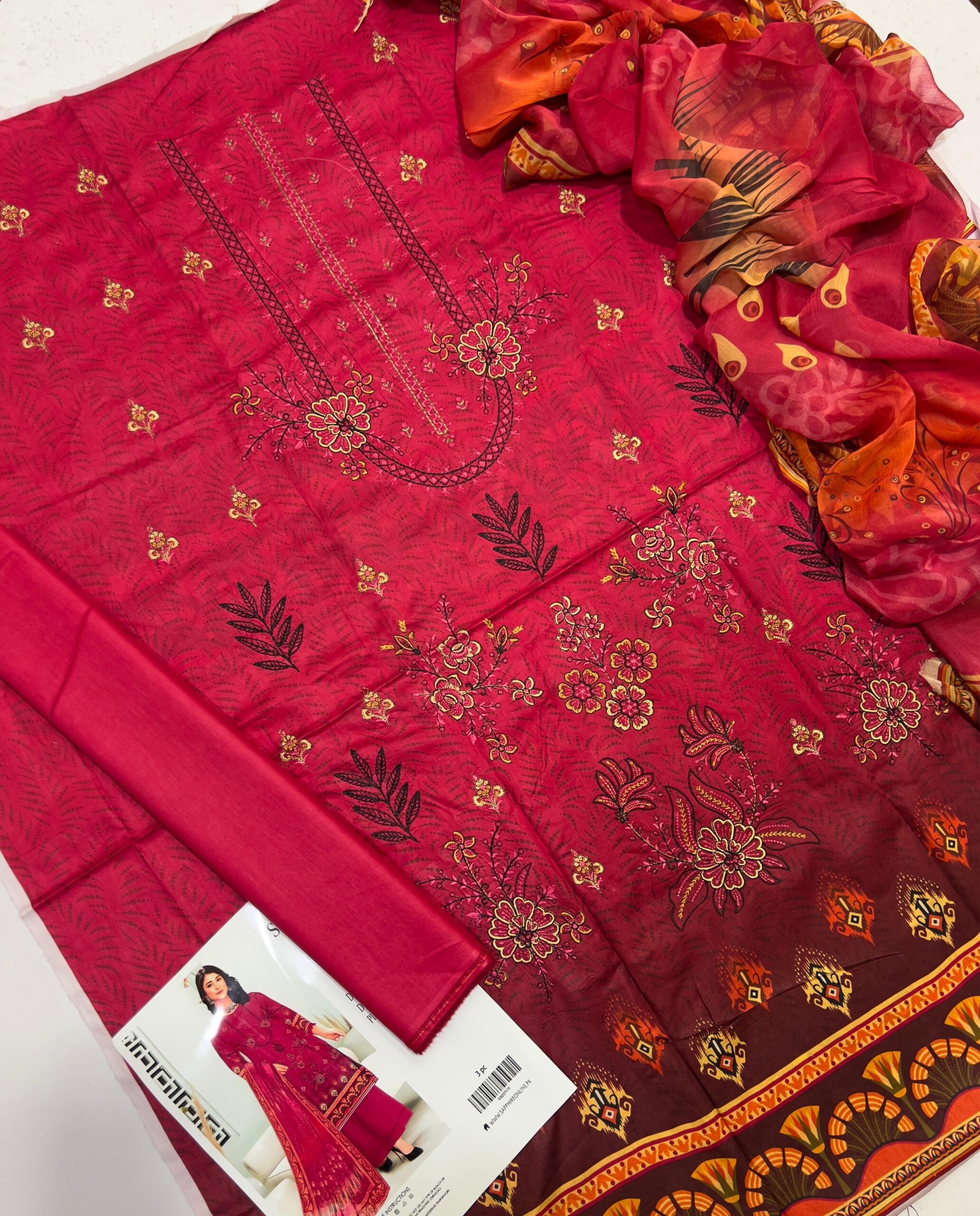 Premium 3-Piece Sapphire Digital Print Embroidered Lawn Suit